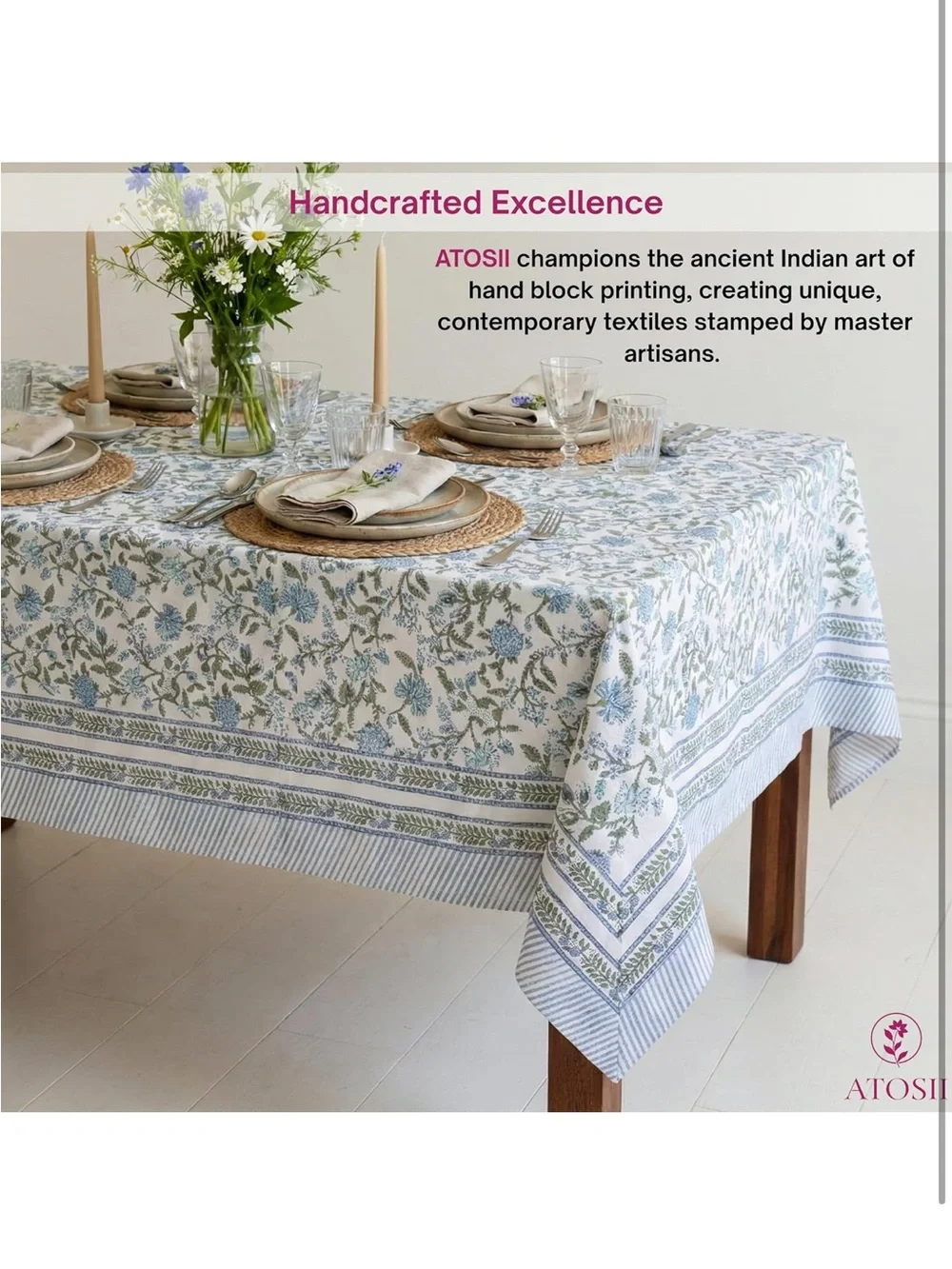 NEW ATOSII Mahoka Blue 100% Cotton Fall Tablecloth, Handblock Printed.